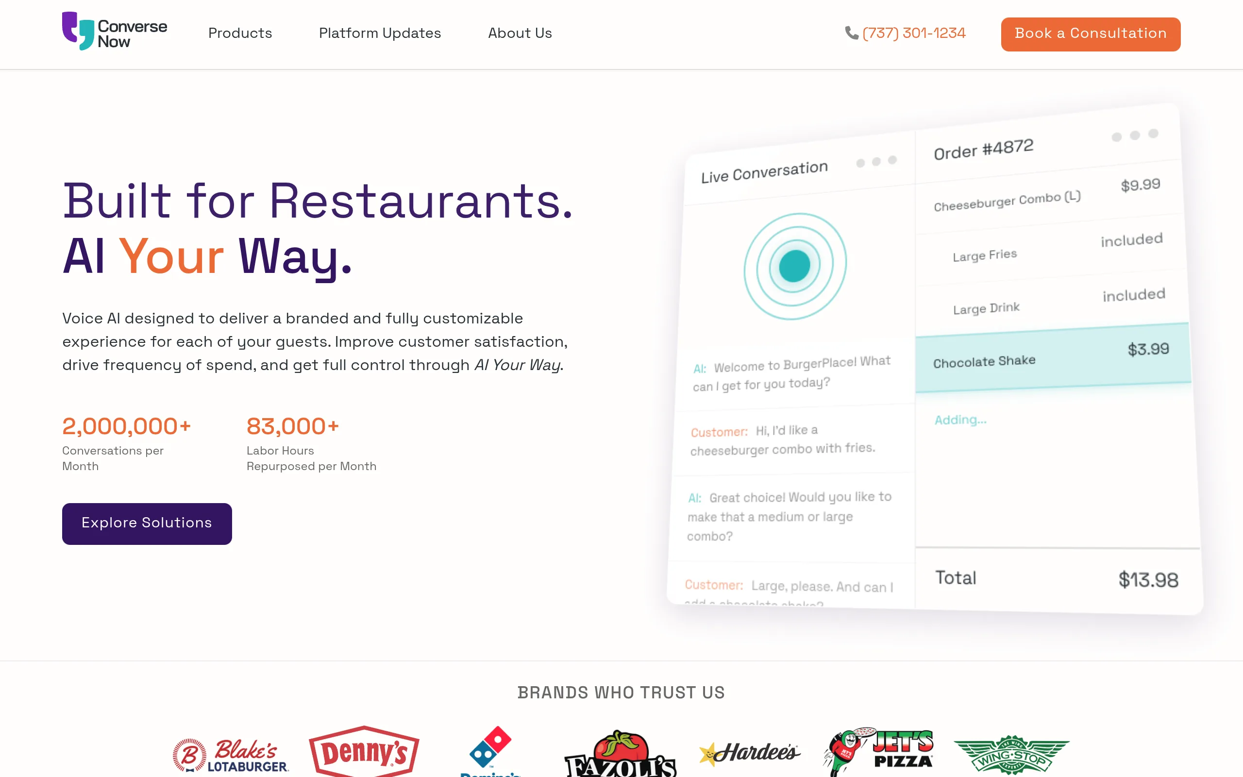 ConverseNow AI homepage screenshot