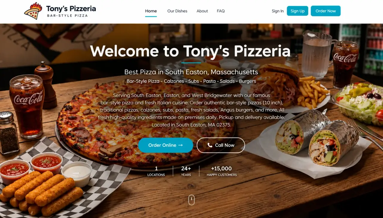 The homepage of a pizzeria website built on AI Bunny online ordering, with the restaurant's own branding and Order Online and Call Now buttons