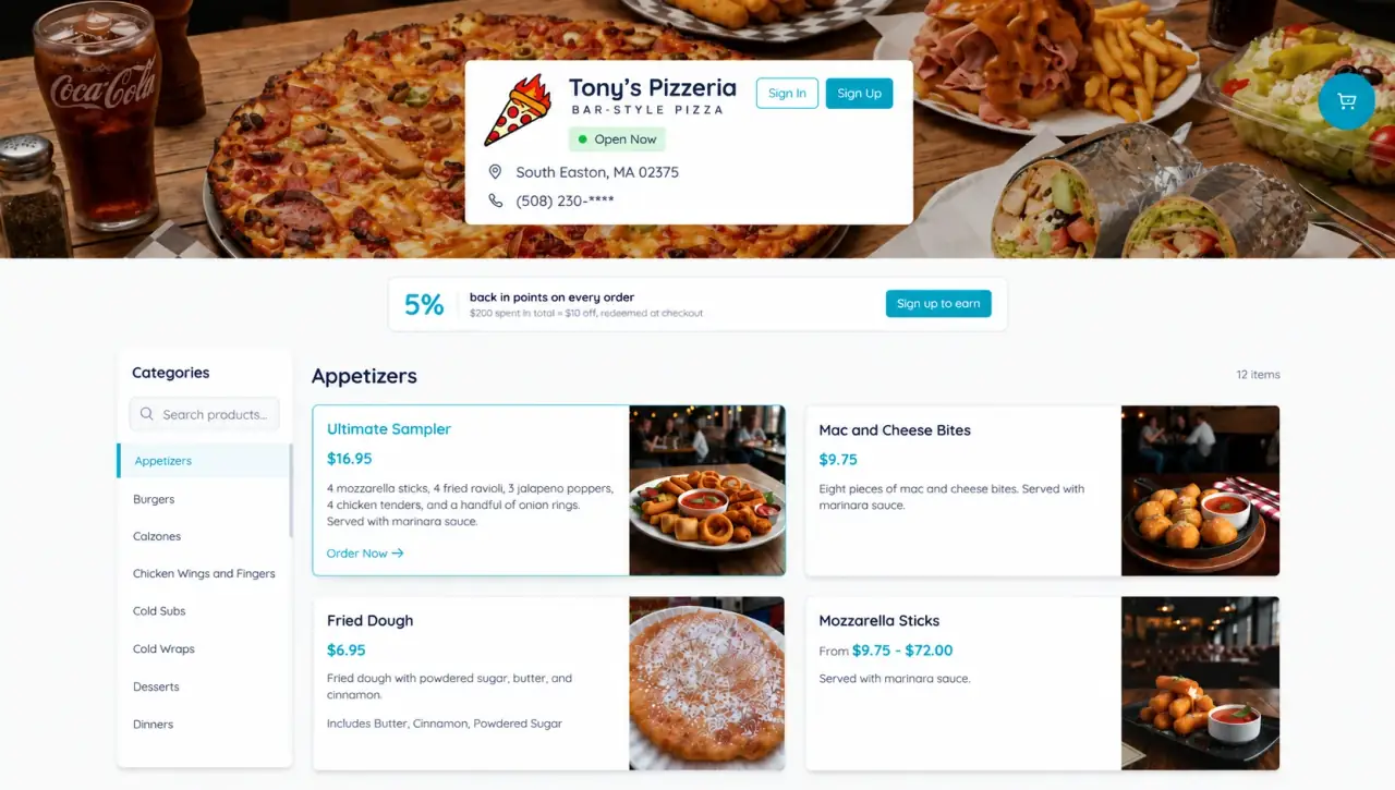 The ordering menu on the same website, showing categories, item prices, a loyalty points bar and AI-generated photos of each dish