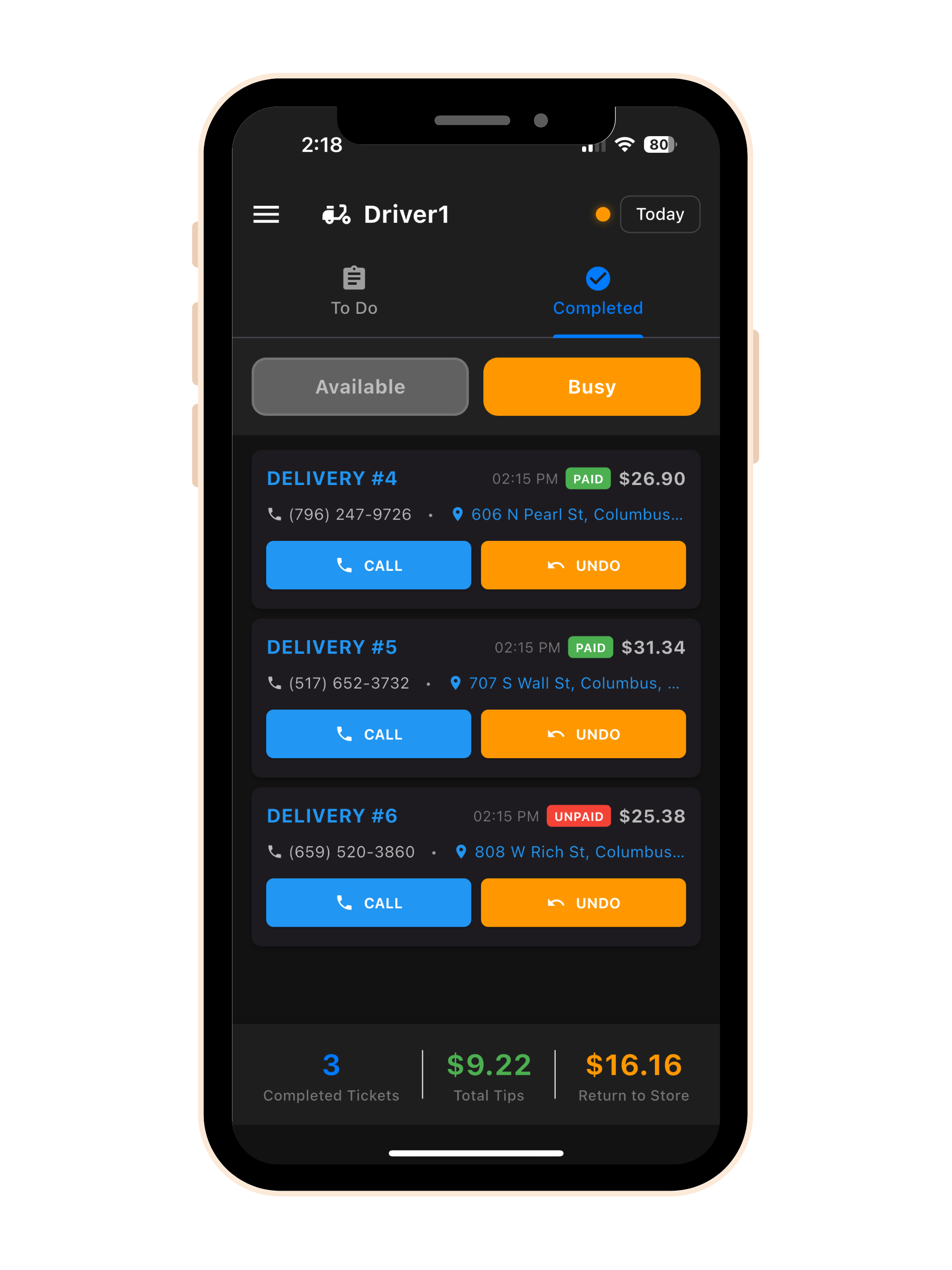 Completed deliveries history with timestamps in the AI Bunny restaurant driver app