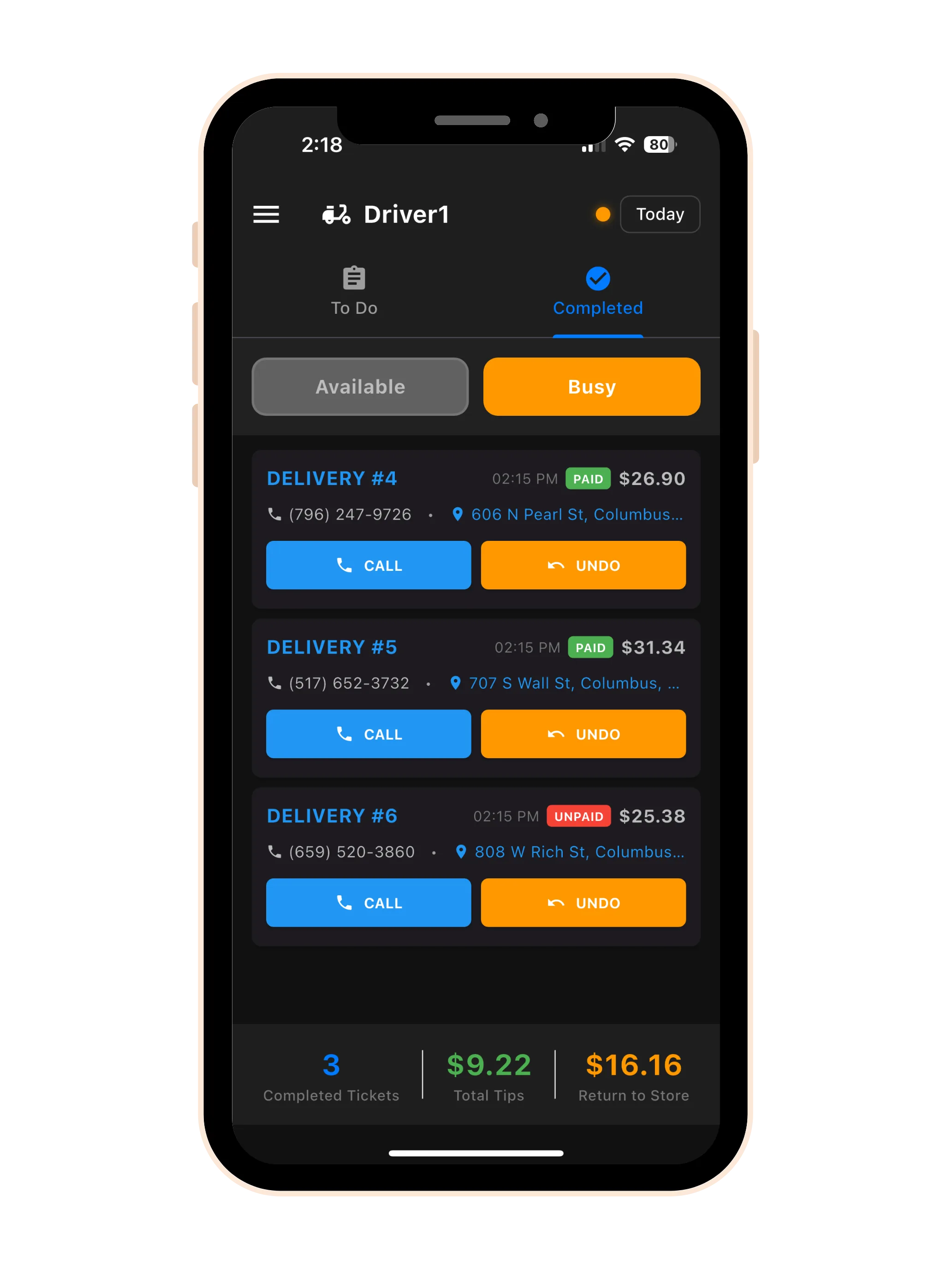 Completed deliveries history with timestamps in the AI Bunny restaurant driver app