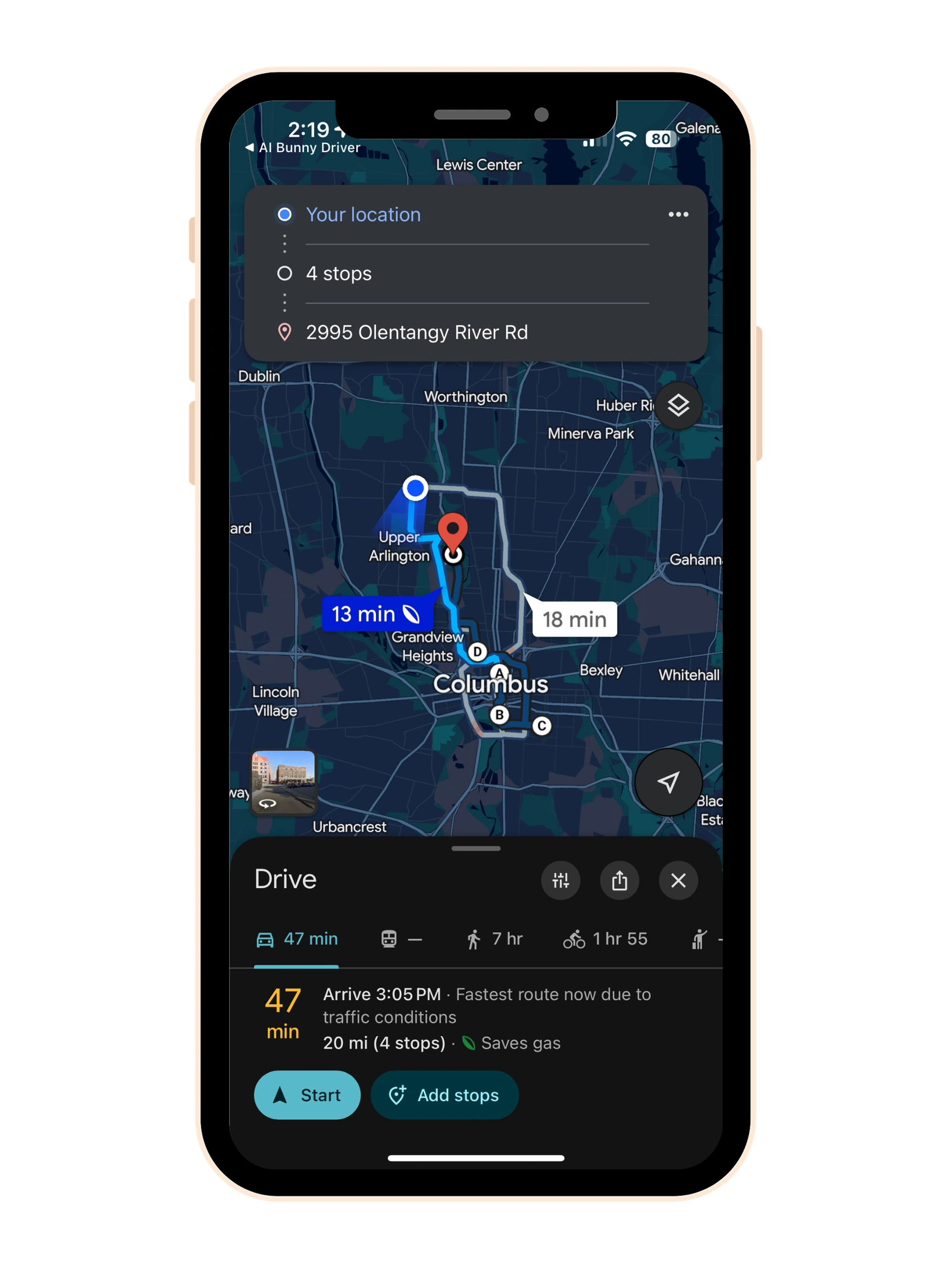 One-tap multi-stop route optimization automatically opening Google Maps with the fastest delivery route