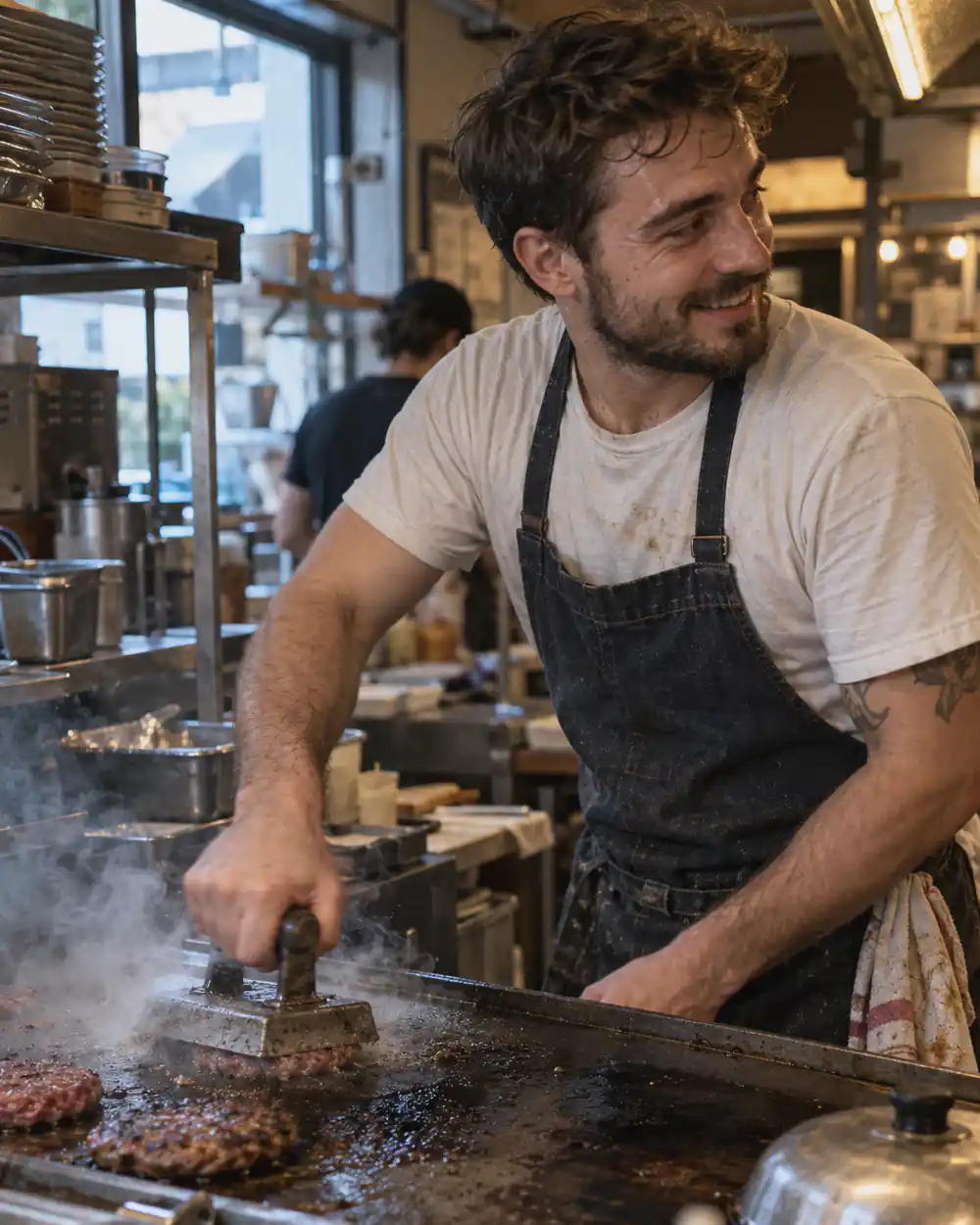 A burger restaurant owner smashing a patty on the flat-top
