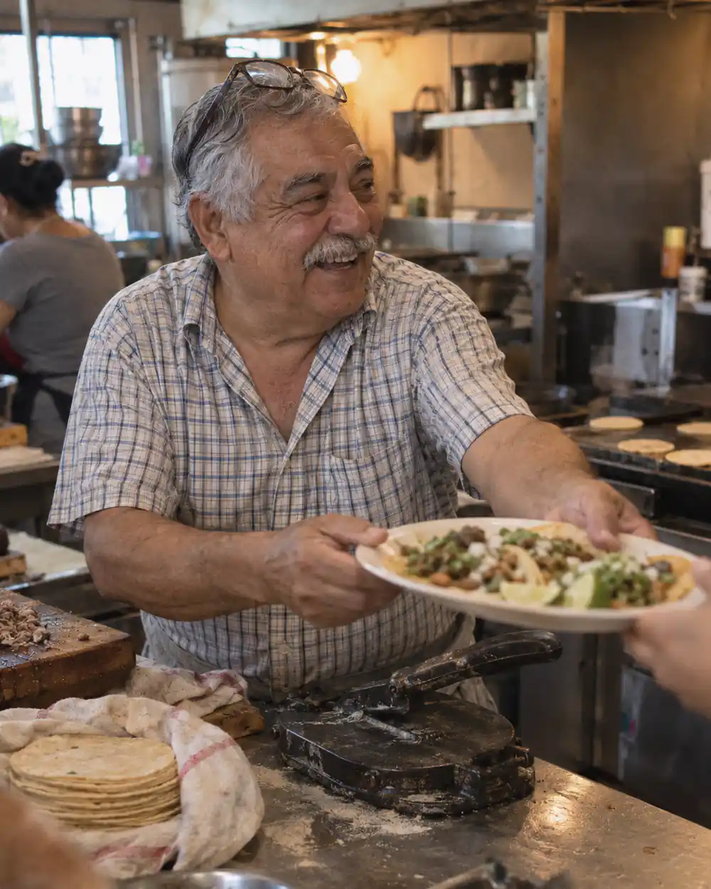 A taqueria owner handing a plate of tacos across the pass
