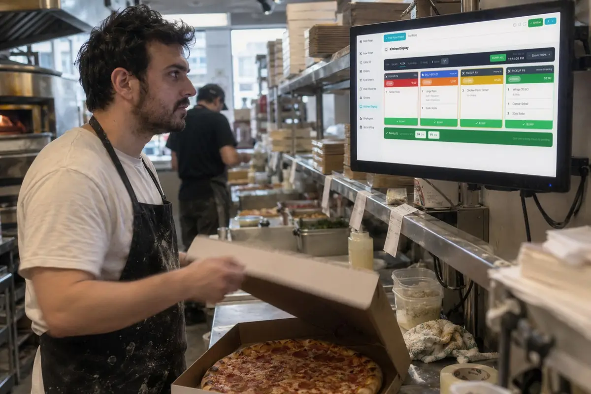 A cook boxing a pepperoni pizza under the kitchen display on the wall, four tickets on it and the ready bar underneath