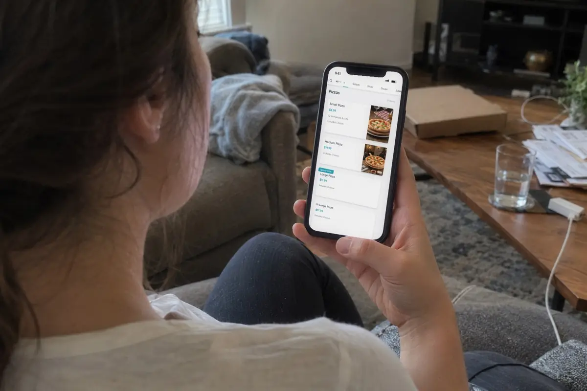 A woman on her couch scrolling the restaurant’s own online ordering menu on her phone, pizzas listed with their photos