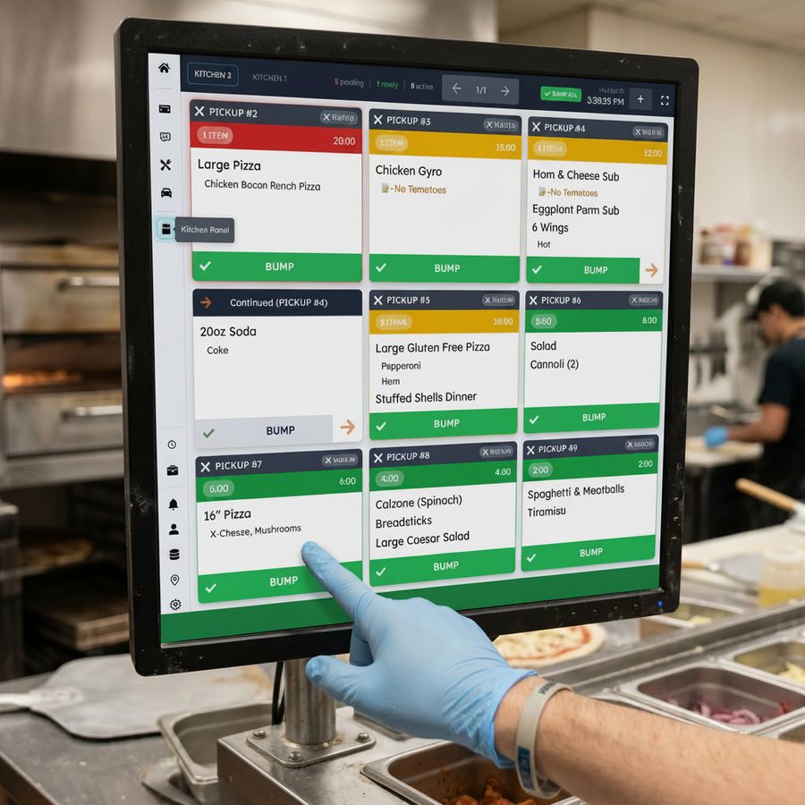 A line cook tapping a wall-mounted AI Bunny Kitchen Display System screen full of live pickup tickets