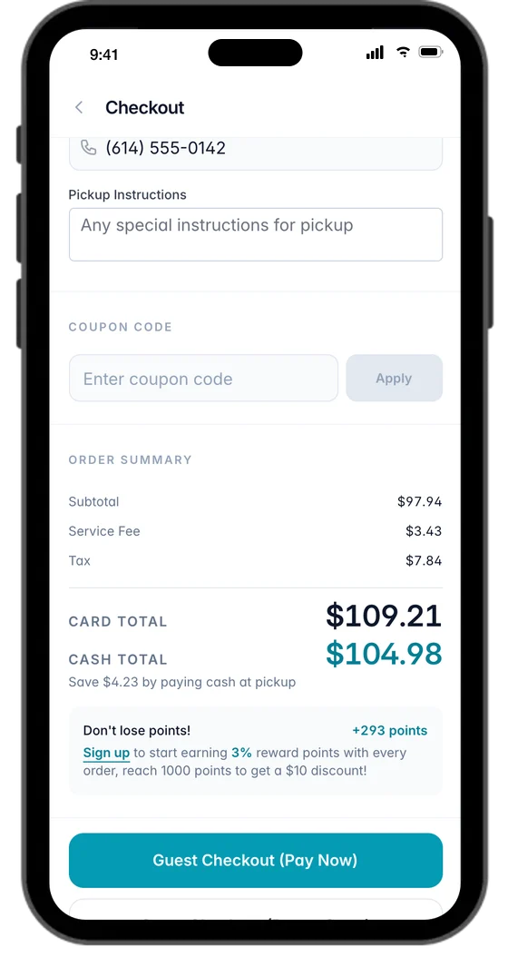 The restaurant's own ordering site at checkout on a phone: subtotal $97.94 and +293 points