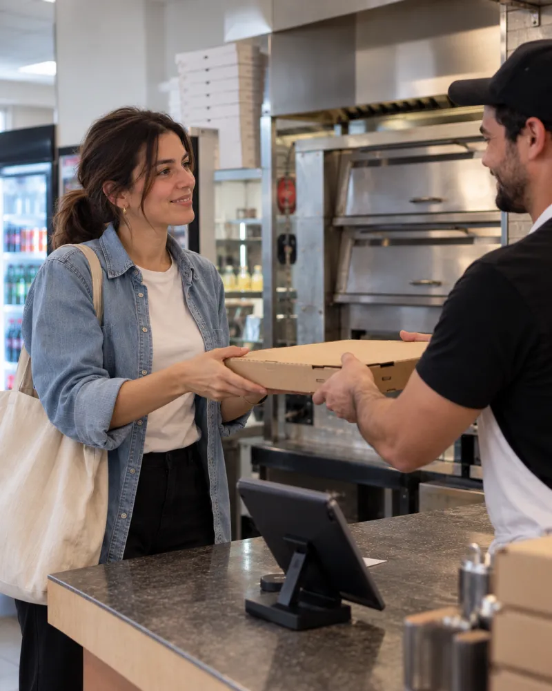 The same regular picking up her pizza at the counter