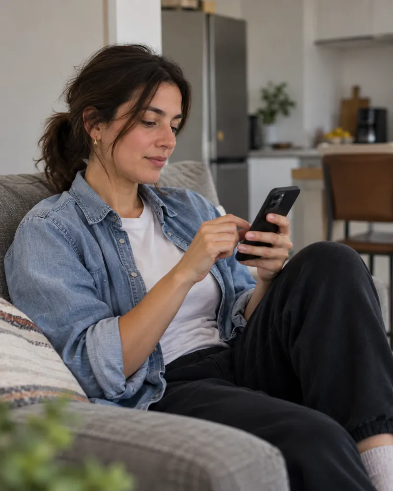 A regular choosing her order on her phone at home