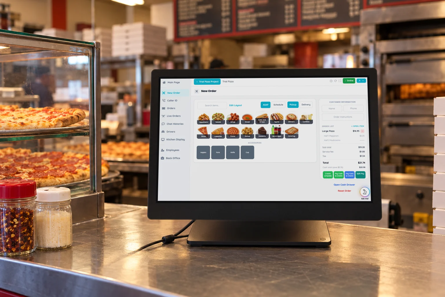 AI Bunny Cloud POS terminal on a slice shop counter, open on New Order with a half pepperoni, half mushroom pizza in the order