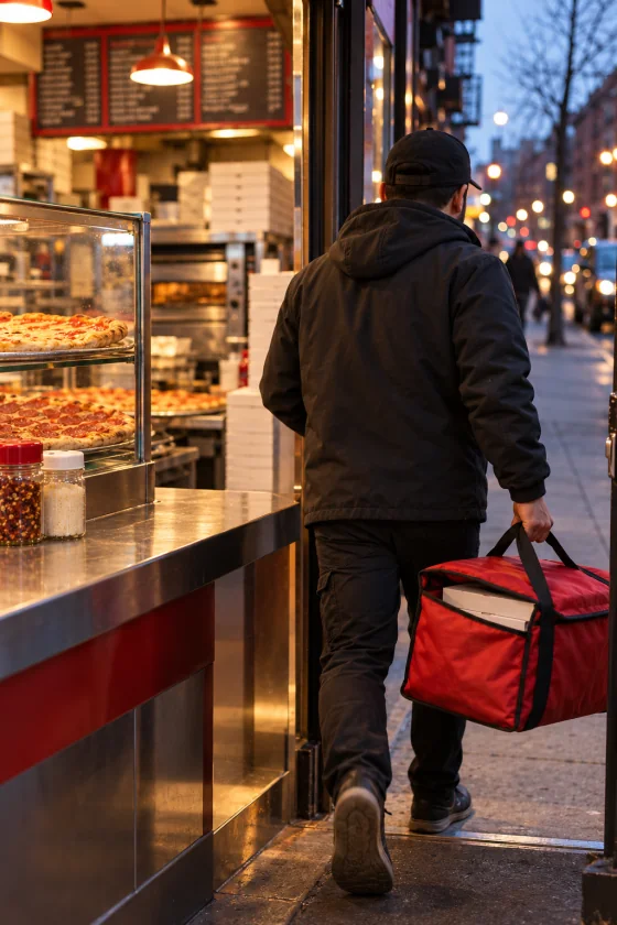 A delivery driver leaving the slice shop with an insulated bag of pizzas