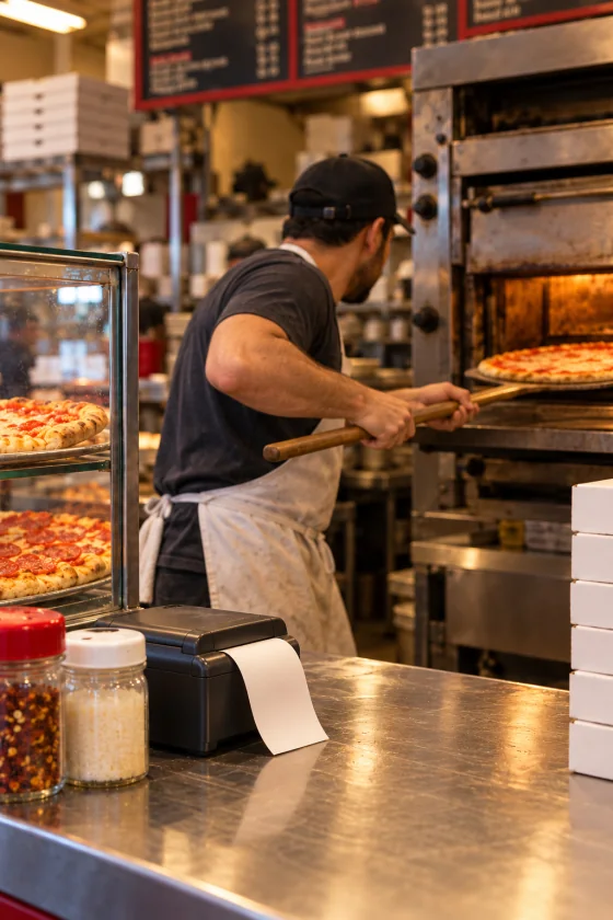 A pizza maker sliding a pizza into the deck oven while an order ticket prints at the counter
