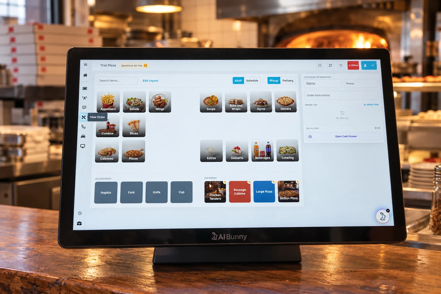 AI Bunny Cloud POS on a pizzeria counter in front of the oven, with the order screen open on menu categories, favourites, and the customer panel