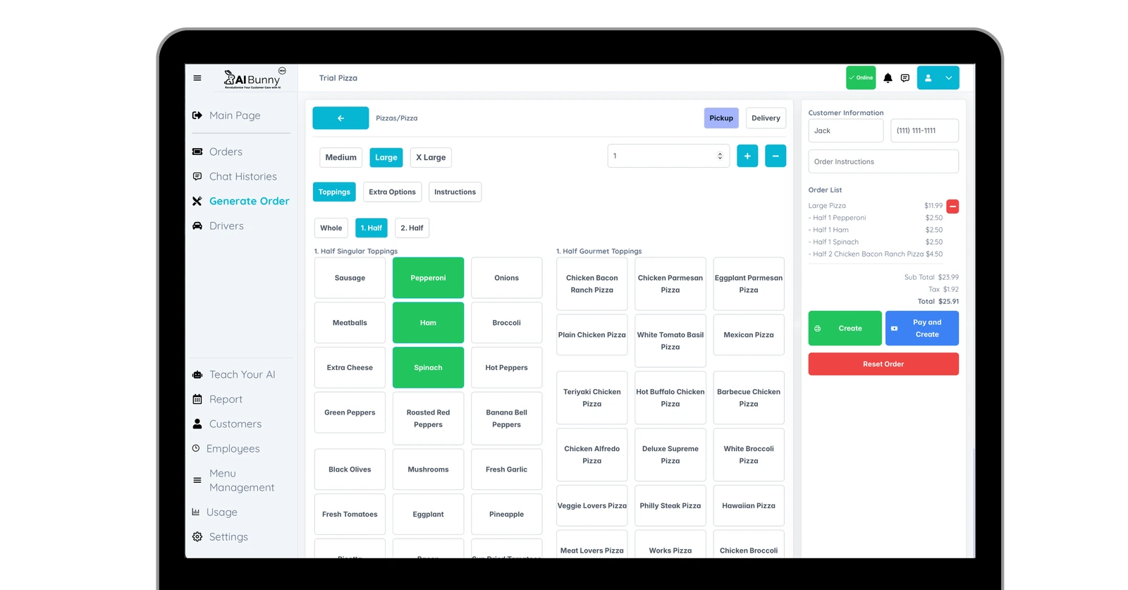 Order Creation Interface