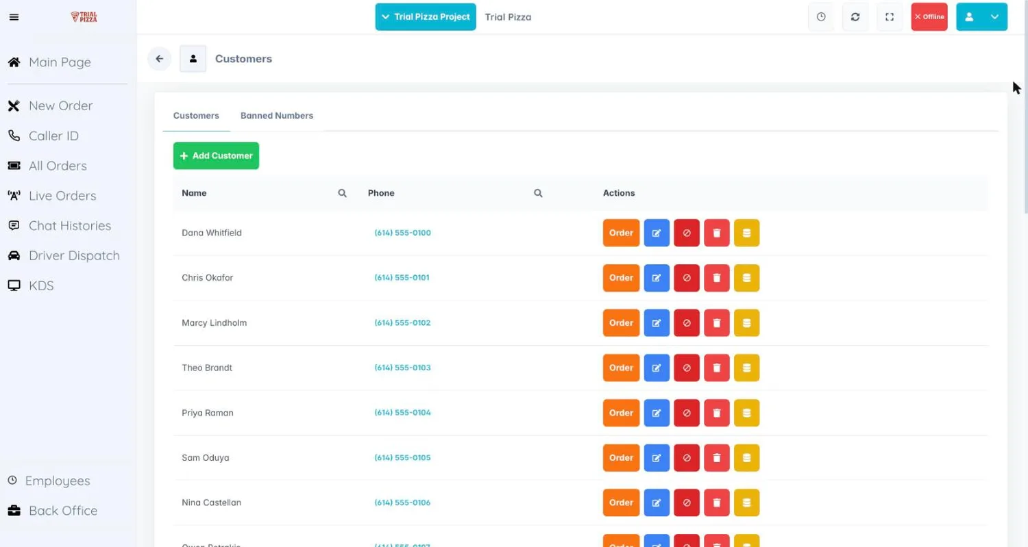 Customer database in the AI Bunny Cloud POS listing every caller with the actions to start an order, edit the profile, or ban the number