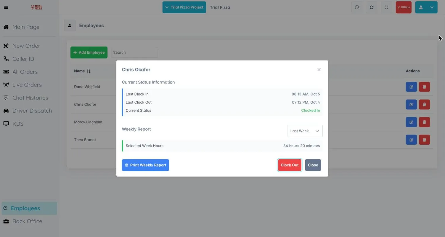 Employee clock-in and clock-out screen in the AI Bunny Cloud POS with recorded shift hours