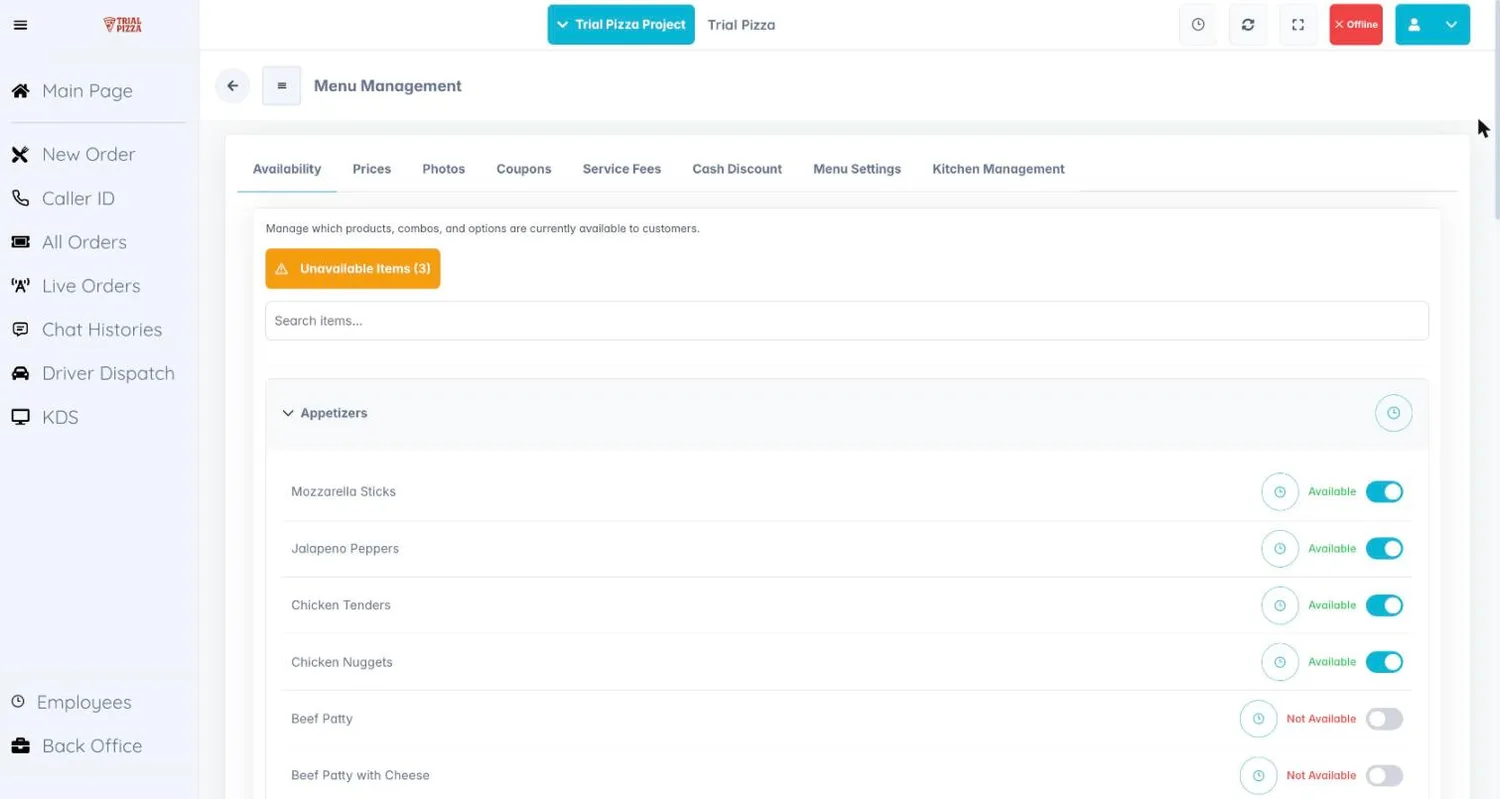 Menu management in the AI Bunny Cloud POS with an availability toggle on every item