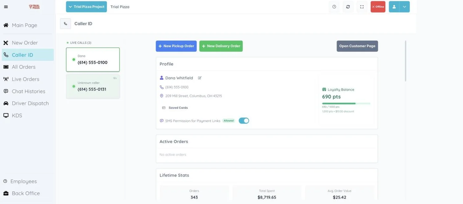Caller ID screen in the AI Bunny Cloud POS with the live calls listed on the left and the selected caller’s profile, loyalty balance and lifetime orders beside them