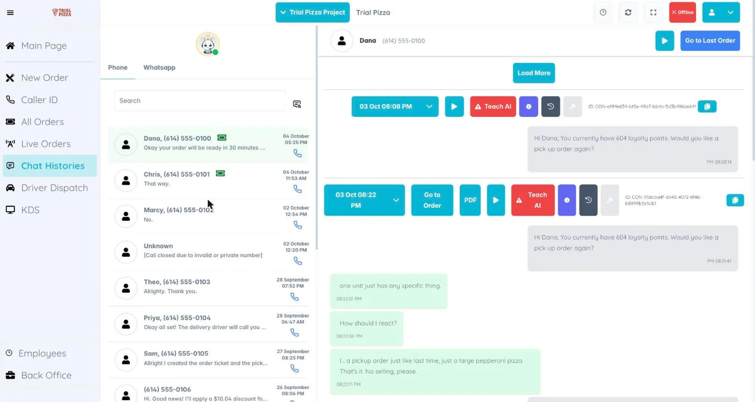 Call history in the AI Bunny Cloud POS with timestamps, transcripts, and audio playback controls