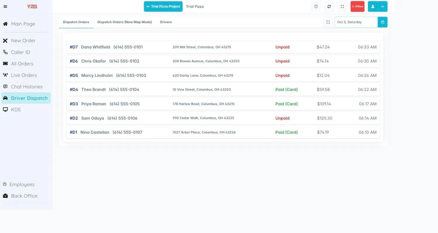 Driver dispatch view in the AI Bunny Cloud POS with assigned deliveries and live driver status