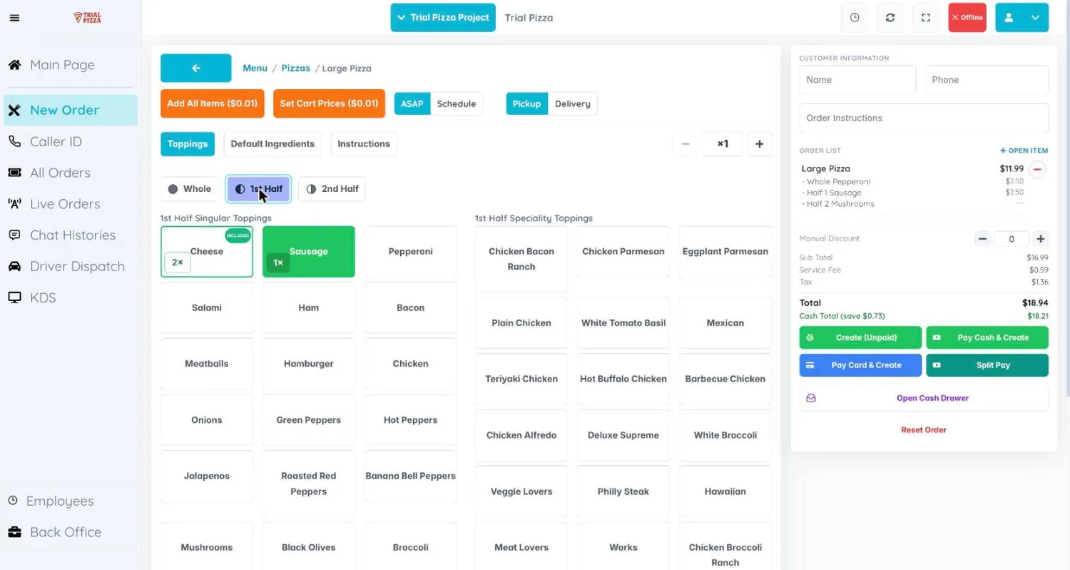 Creating an in-person order in the AI Bunny Cloud POS with menu categories and item modifiers