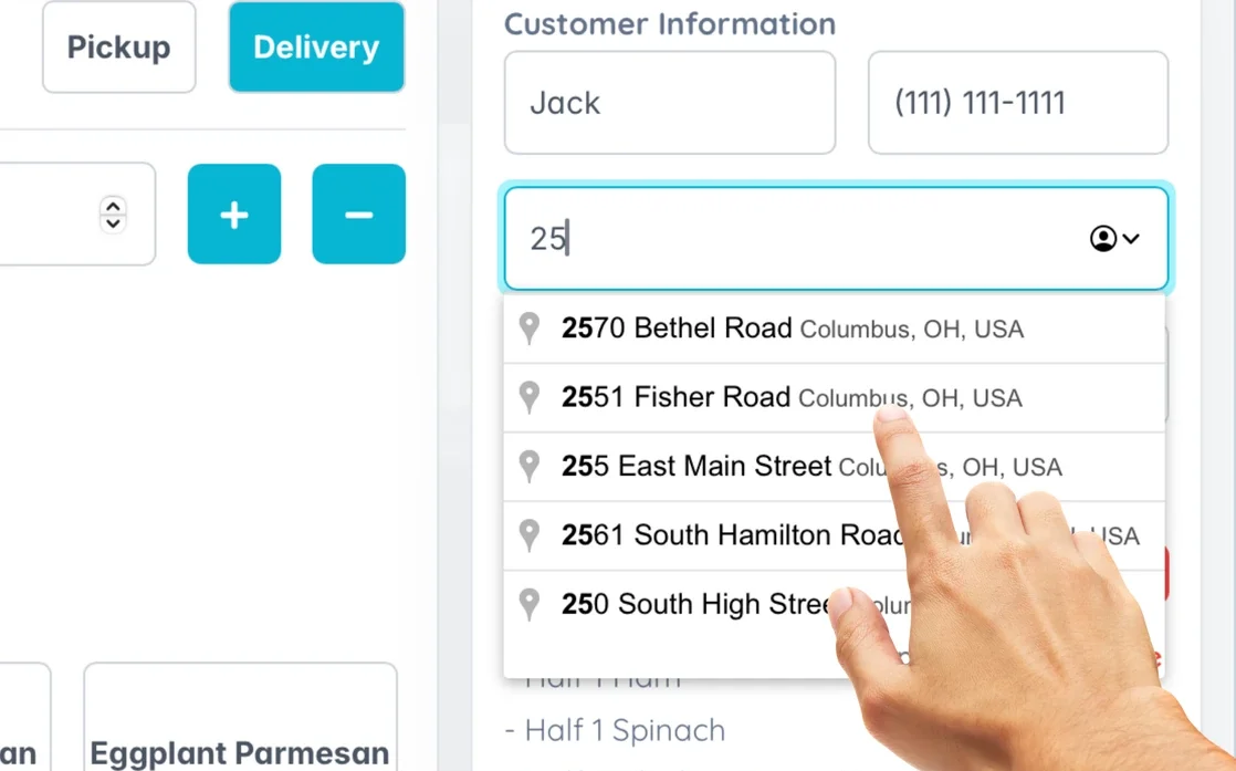 Google Maps address autocomplete suggesting verified delivery addresses inside the Cloud POS