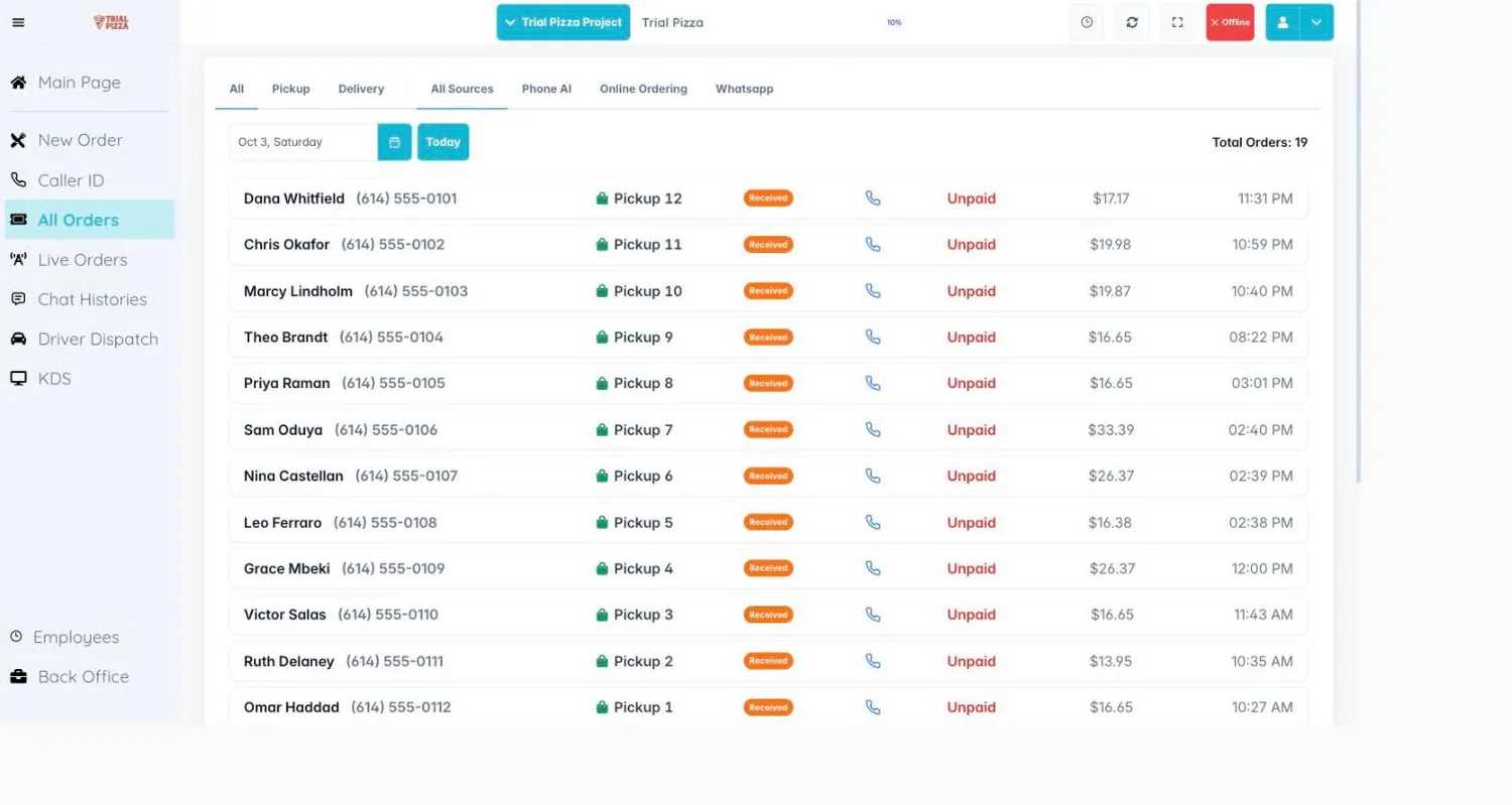 AI Bunny Cloud POS order list showing phone, online, and counter orders with payment status and totals