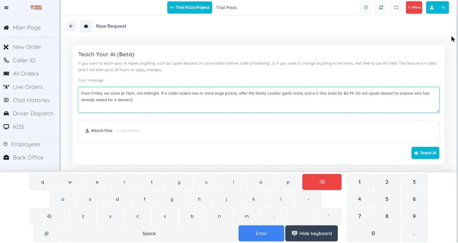 Plain text instruction box used to train the AI Bunny phone agent from the Cloud POS