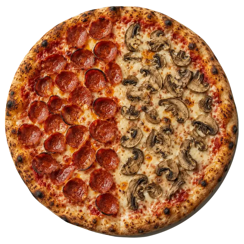 A half-and-half pizza, pepperoni on one half and mushrooms on the other